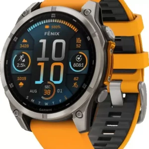 Умные часы Garmin Fenix 8 Sapphire, Titanium 47мм (светло-серый, оранжевый силиконовый ремешок)
